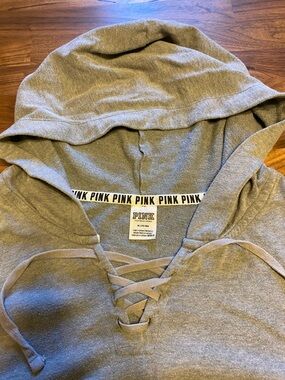 PINK Victoria's Secret Heather Gray Lace-Up V-Neck Hoodie